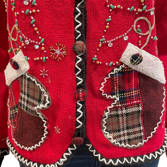 Vintage Beaded Patchwork Christmas Cardigan Sweater - Picture 4 of 14